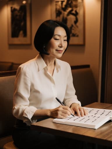 세련된 외모를 지닌 50대 동양인 여성이 편안하면서도 스타일리시한 블라우스와 슬랙스를 착용하고, 따뜻하고 아늑한 카페 테이블에 앉아 악보와 펜을 들고 집중하는 모습의 반신 사진입니다. 집중한 표정과 아늑한 배경이 함께 창의적인 분위기를 만들어냅니다.