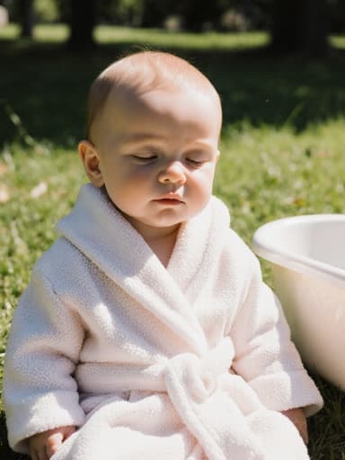 부드러운 목욕 가운을 입고 편안하게 그늘진 공원에 앉아 있는 졸린 유럽계 1세 남자 아기의 반신 사진. 아기욕조 옆에서 목욕 시간을 기다리며 부드러운 졸린 표정을 짓고 있습니다.