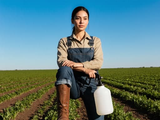 20대 라틴계 여성이 농업 작업복과 장화를 착용하고 농약 분사기를 들고 서 있는 반신 사진입니다. 넓은 농장과 맑은 하늘을 배경으로 자연스러운 외모와 고급스러운 표정이 그녀의 전문성과 헌신을 반영합니다.