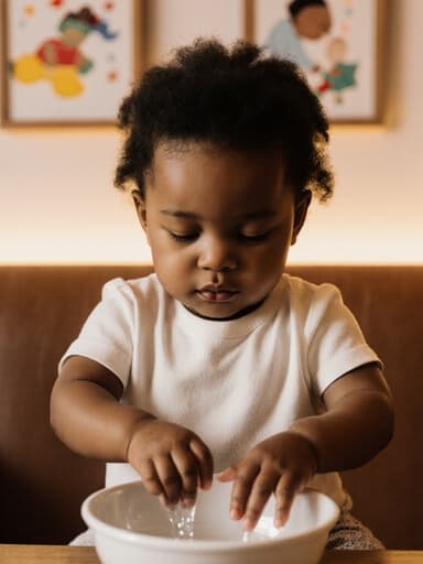 1세의 흑인 여성 아기가 편안한 면 티셔츠와 아기용 바지를 입고 졸린 표정으로 눈을 살짝 감고 작은 손을 물에 담그고 있는 반신 사진. 배경은 따뜻하고 아늑한 카페 내부로 아기용 그림들이 장식되어 있다.