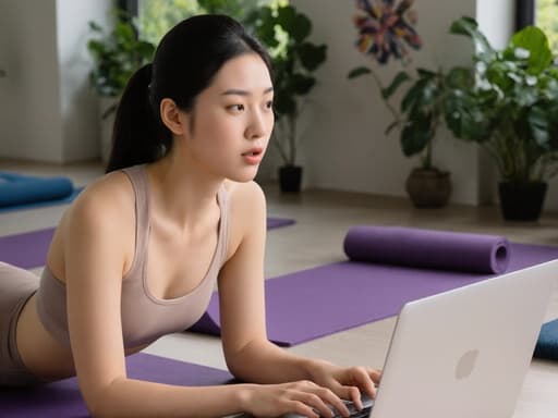 10대 후반의 동양인 여성이 자연스러운 모습으로 반신 촬영된 이미지입니다. 편안한 요가복을 착용하고 있으며, 노트북을 보면서 마우스를 클릭하는 놀란 표정을 짓고 있습니다. 배경은 평화로운 매트와 식물이 있는 요가 센터 내부로, 장면의 차분한 분위기를 더욱 강조합니다.