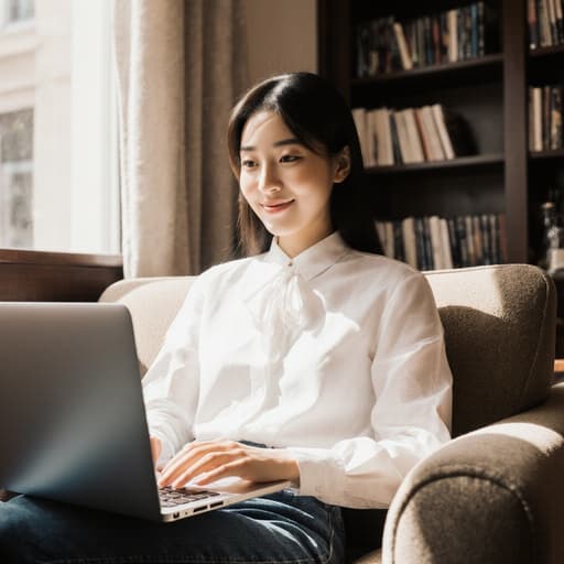 아늑한 카페의 소파에 앉아 있는 10대 초반의 동양인 여성의 반신 촬영. 그녀는 화이트 블라우스와 청바지를 입고 있으며, 노트북에 글을 쓰며 우아한 미소를 지어 보입니다. 배경에는 책장이 있고 햇살이 비추어 따뜻하고 초대하는 분위기를 자아냅니다.