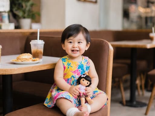 1세의 동양인 여성으로 귀여운 외모를 가진 아기가 아늑한 카페에서 크로스 레그 자세로 앉아 있는 반신 사진입니다. 그녀는 화사한 색상의 원피스를 입고 있으며 장난스러운 표정을 지으며 작은 인형을 가지고 놀고 있습니다. 배경은 음료와 간단한 간식이 놓인 테이블이 있는 따뜻한 카페 내부로, 초대하는 분위기를 자아냅니다. 부드러운 자연광이 그녀의 의상의 생동감과 아늑한 환경을 더욱 강조하며, 장면을 생동감 있게 만듭니다.