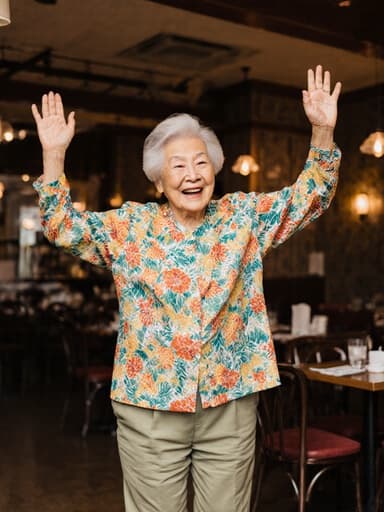 아늑한 카페에서 밝은 블라우스와 바지를 입고 두 손을 공중에 들며 즐겁게 점프하는 80대 동양인 여성의 전신 사진. 친근한 미소를 지으며 따뜻한 조명과 편안한 의자들로 둘러싸여 있습니다.
