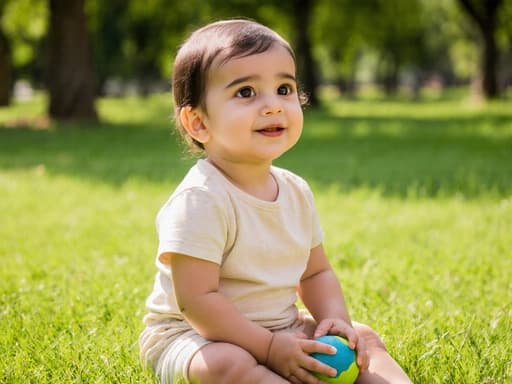 푸른 잔디가 깔린 공원에서 앉아 있는 귀여운 외모의 1세 중동계 여자 아기의 반신 사진. 밝은 색상의 편안한 티셔츠와 반바지를 입고 있으며, 작은 공을 손에 들고 호기심 어린 표정을 짓고 있어 아동 놀이의 본질을 담고 있습니다.