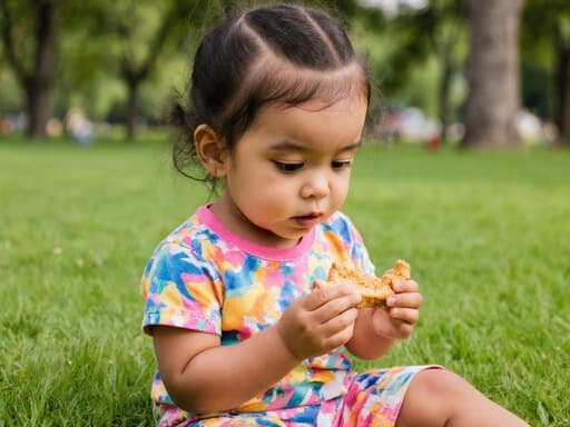 공원에서 풀밭에 앉아 있는 3세의 혼혈 여성 어린이의 반신 사진. 화려한 무늬의 티셔츠와 편안한 반바지를 입고 있으며, 손에 작은 간식을 들고 배고픈 표정으로 눈을 크게 뜨고 있는 모습이 담겨 있습니다. 푸른 잔디와 나무가 배경으로, 어린 시절의 순수함과 기쁨을 반영합니다.