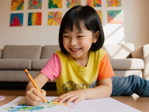 7세 아시아계 여자 어린이가 아늑한 거실 바닥에 앉아 밝은 색상의 티셔츠와 청바지를 입고 크레용을 들고 그림을 그리고 있습니다. 그녀의 주변 벽은 그녀의 다채로운 작품들로 장식되어 있어, 그녀의 창의성과 행복을 보여주는 따뜻한 분위기를 만들어냅니다.