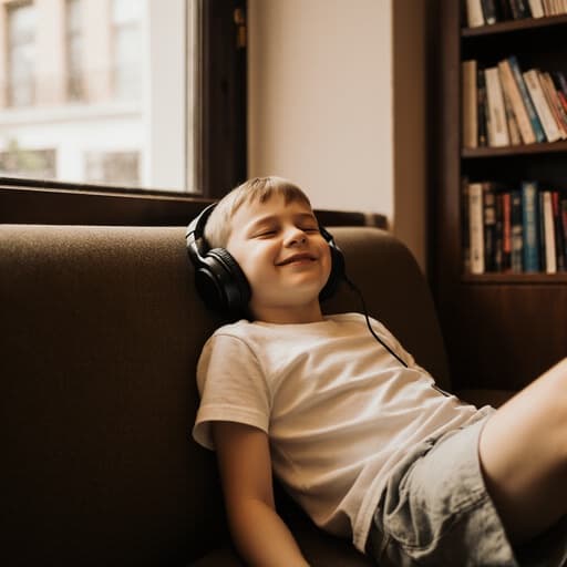 아늑한 카페의 소파에 편안하게 앉아 있는 귀여운 7세 유럽계 남자아이. 그는 편안한 티셔츠와 반바지를 입고 있으며, 졸린 표정에 약간의 미소를 띠고 이어폰을 끼고 음악을 감상하고 있다. 따뜻한 조명과 배경의 책장이 아늑한 분위기를 만들어 준다.