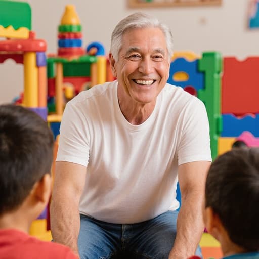 60대 혼혈 남성이 편안한 티셔츠와 청바지를 입고, 화사한 유아 놀이 공간에서 아이들을 기다리며 따뜻한 미소를 짓고 있는 모습이 반신 촬영으로 담겨 있습니다. 다양한 장난감과 학습 도구가 배치된 공간에서 자유롭고 행복한 느낌을 표현하고 있습니다.