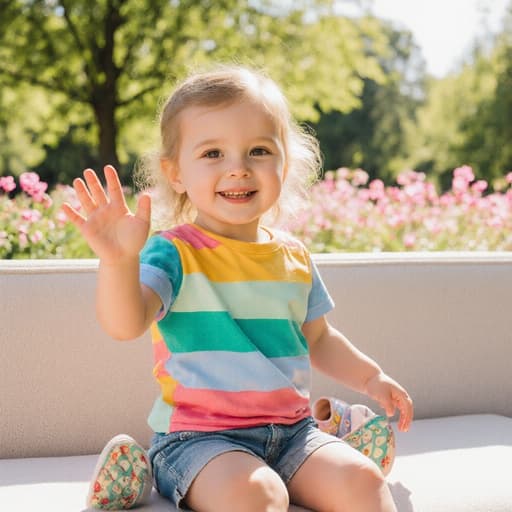 햇살이 비치는 공원에서 소파에 앉아 장난스러운 표정을 지으며 손을 흔드는 귀여운 3세 백인 여자아이의 반신 사진. 그녀는 색색의 티셔츠와 반바지를 입고 아기자기한 신발을 신었으며, 평화로운 배경은 나무와 꽃들로 가득 차 있어 즐거운 분위기를 더해줍니다.