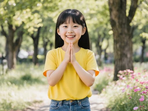 귀여운 외모의 7세 한국인 소녀가 밝은 색상의 티셔츠와 청바지를 입고, 가슴 앞에 두 손을 모으고 인사하는 자세로 행복하게 웃고 있는 모습이 반신 촬영으로 담겨 있습니다. 배경에는 나무와 다양한 꽃들로 가득한 아름다운 공원이 펼쳐져 있어 그녀의 즐거운 표정을 더욱 돋보이게 만드는 평화로운 분위기를 자아냅니다.
