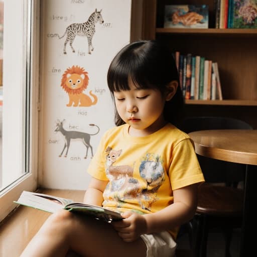 이 이미지는 밝은 티셔츠와 반바지를 입은 귀여운 3세의 아시아계 소녀가 아늑한 카페의 창가에 앉아 있는 모습을 담고 있습니다. 그녀는 졸린 표정으로 눈을 약간 감고 있으며, 다리를 뻗고 책을 보면서 동물 이름을 배우고 있습니다. 배경은 따뜻하고 초대하는 분위기로, 동물 그림과 책장이 장식되어 있어 그녀의 학습 경험을 위한 완벽한 환경을 만들어줍니다.