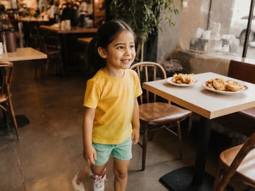 밝은 색의 옷을 입은 7세 라틴계 소녀가 아늑한 카페에서 서 있고, 그녀의 표정은 배고픔과 약간의 불안함이 섞여 있으며, 그녀 옆 테이블에는 간식이 놓여 있어 따뜻하고 초대하는 분위기를 연출합니다.