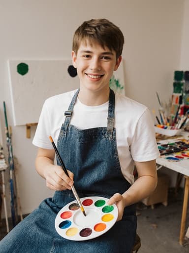 10대 초반의 백인 남성 예술가가 따뜻한 미소를 지으며 그림을 그릴 준비를 하고 있습니다. 그는 편안한 티셔츠와 청바지를 입고 앞치마를 매고 있으며, 한 손에는 붓을, 다른 손에는 다양한 색상의 팔레트를 들고 있습니다. 배경은 다양한 그림 도구로 가득한 활기찬 작업실로, 창의적인 분위기를 자아내고 있습니다.