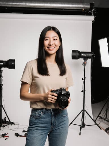 30대 아시아계 여성의 전신 샷으로, 편안한 티셔츠와 청바지를 입고 카메라를 손에 들고 활기차게 웃고 있는 모습입니다. 다양한 조명과 장비로 가득한 사진 작업실에서 촬영되었습니다.
