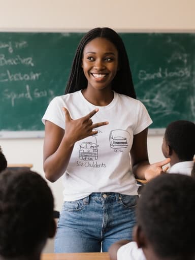 10대 초반의 아프리카계 소녀가 편안한 티셔츠와 청바지를 입고 밝게 웃으며 교실에서 학급 친구들에게 설명하고 있습니다. 그녀는 운전하는 듯 손짓을 하며 교육적인 환경에서 긍정적인 에너지와 열정을 발산하고 있습니다. 배경은 칠판과 책상으로 구성된 교실입니다.