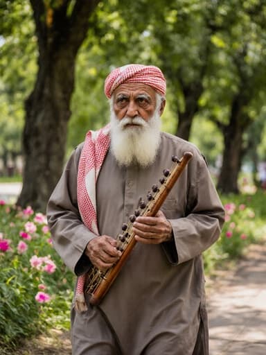 70대 중동계 남성이 전통 의상을 입고 평화로운 공원에서 천천히 걷고 있는 모습, 푸른 나무와 꽃들로 둘러싸여 있으며 전통 악기를 들고, 평화롭고 지혜로운 분위기를 반영하고 있습니다.