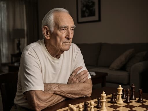 80대 백인 남성이 편안한 집에서 입은 면 티셔츠와 슬랙스를 착용하고 체스 판 앞에 앉아 있는 반신 사진입니다. 그는 팔짱을 끼고 체스 판을 바라보며 무관심한 표정을 짓고 있습니다. 따뜻한 거실 배경이 장면의 편안한 분위기를 강조합니다.