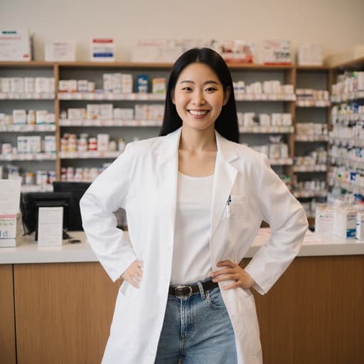 이 이미지는 흰색 약사 복장과 편안한 청바지를 입고, 손을 허리에 두고 경쾌하게 춤추는 포즈를 취하며 밝게 미소 짓고 있는 자신감 넘치는 동양인 여성의 모습을 담고 있습니다. 아늑한 약국 배경에는 약품이 진열된 선반과 상담 공간이 있어, 그녀의 전문성과 친근한 성격을 강조하는 매력적인 분위기를 만들어냅니다.