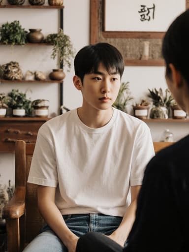 10대 초반의 유럽계 남성이 전통 한의원에서 편안하게 앉아 있습니다. 그는 간편한 티셔츠와 청바지를 입고 있으며, 한의사와 상담하며 평온한 표정을 짓고 있습니다. 약초와 치료 도구들이 진열된 배경은 진정한 분위기를 자아냅니다.