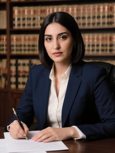 30대 중동계 여성이 정장과 블라우스를 입고, 법률 서적으로 가득한 도서관의 책상에 앉아 법률 문서를 작성하고 있는 반신 촬영. 진지한 표정으로 자신의 전문성을 보여주며 따뜻하고 초대하는 분위기를 연출합니다.