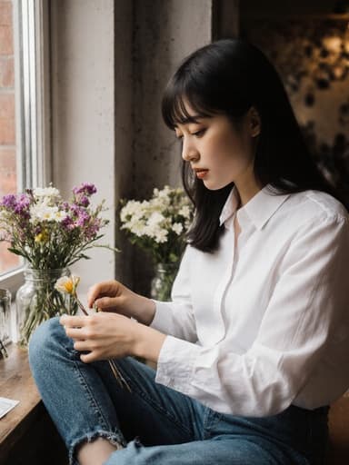20대 동양인 여성의 반신 사진으로, 자연스러운 외모를 가진 모델이 아늑한 카페에서 꽃꽂이 도구를 사용하여 꽃을 정리하며 크로스 레그로 앉아 있습니다. 편안한 화이트 블라우스와 캐주얼한 청바지를 착용하고 있으며, 차분하고 집중한 표정을 짓고 있습니다. 배경은 창가 옆에 놓인 꽃들로 아늑한 카페 내부의 분위기를 살리고 있습니다.
