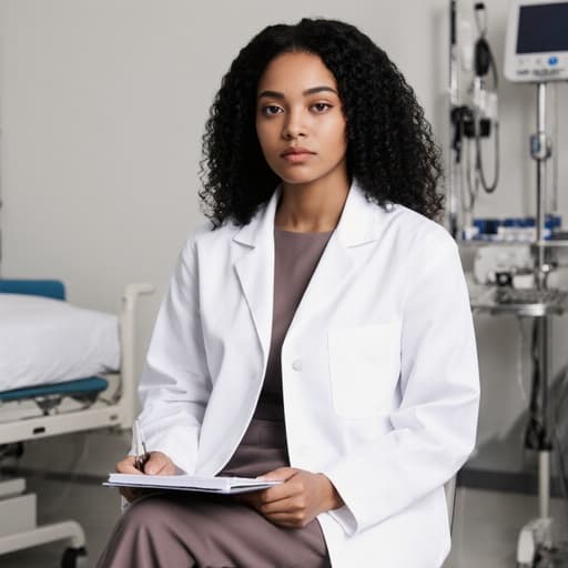 20대 혼혈 여성의 반신 사진으로, 의사 가운을 입고 메모장을 들고 크로스 레그로 앉아 있는 모습입니다. 그녀는 환자 상담을 위해 진지한 표정을 짓고 있으며, 배경에는 의료 기기와 침대가 있는 병실 내부가 보입니다.