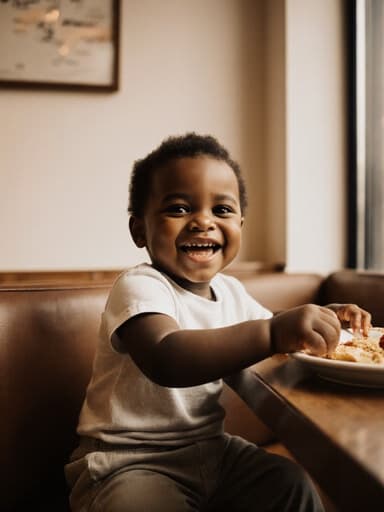 이 이미지는 밝고 아늑한 카페의 테이블에 앉아 있는 1세 흑인 남아의 반신 사진을 담고 있습니다. 그는 편안한 티셔츠와 바지를 입고 있으며, 식사를 즐기며 미소 짓고 있는 즐거운 표정을 하고 있습니다. 카페의 따뜻한 분위기가 이미지의 기분을 더해줍니다.