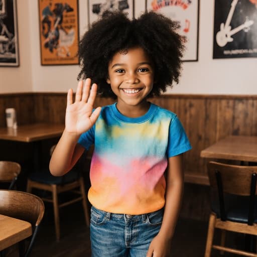 7세 흑인 여아가 컬러풀한 티셔츠와 청바지를 입고 사랑스러운 미소를 짓고 있는 반신 사진입니다. 그녀는 친근하게 손을 흔들며 인사하고 있으며, 아늑한 카페 내부와 테이블, 음악 관련 포스터가 어우러져 따뜻하고 초대하는 분위기를 연출하고 있습니다.