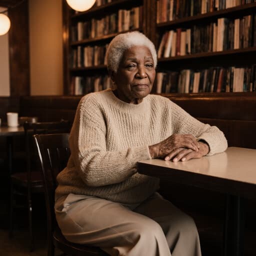 아늑한 카페 테이블에 앉아 있는 70대 흑인 여성의 반신 사진. 편안한 니트 스웨터와 바지를 입고 있으며, 지루한 표정을 짓고 있습니다. 아늑한 카페의 따뜻한 조명과 배경에 있는 책장이 친밀하고 공감할 수 있는 분위기를 더합니다.
