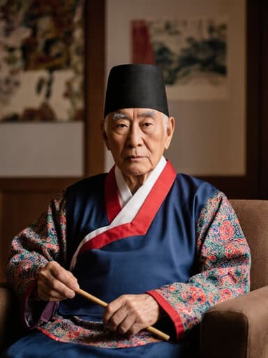 이 이미지는 전통 한복을 입은 80세 한국인 남성이 아늑한 거실에 앉아 있는 모습입니다. 그는 한 손에 공예 도구를 가볍게 들고 무관심한 표정을 지으며, 자신의 문화적 뿌리와의 평화로운 연결을 드러냅니다.