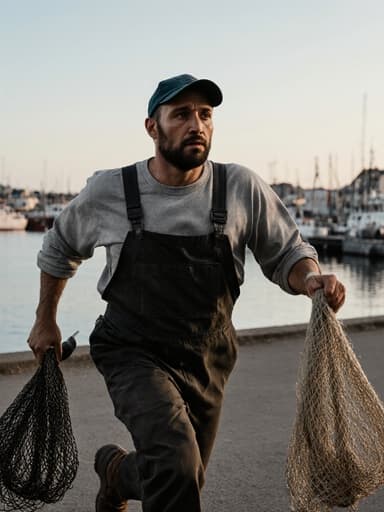 30대의 혼혈 남성이 전형적인 어부의 복장을 하고 어망을 들고 달려가고 있는 모습으로, 아름다운 항구 배경을 배경으로 피곤한 하루를 마무리하는 모습을 담고 있습니다. 이 이미지는 힘든 일과 해안 환경의 아름다움을 잘 전달합니다.