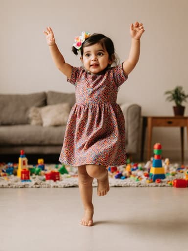 화사한 드레스를 입고 리본이 있는 귀여운 3세 중동계 아동이 장난감이 흩어져 있는 아늑한 거실에서 즐겁게 춤추고 있는 모습으로, 배고픈 듯한 표정을 짓고 있습니다.