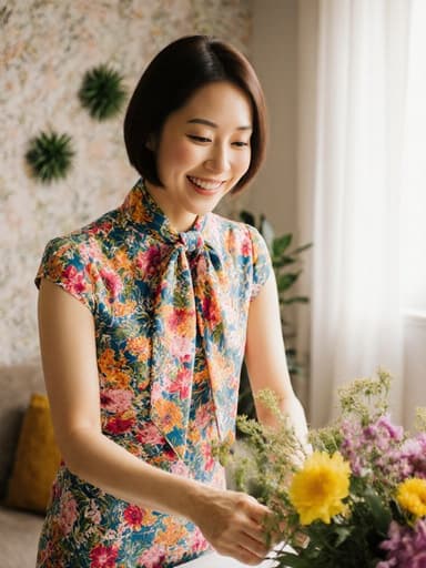 30대 동양인 여성이 화사한 색상의 원피스와 꽃무늬 스카프를 입고, 자신감 넘치는 미소를 지으며 테이블 위에 꽃다발을 정리하고 있는 반신 촬영 이미지. 아늑한 거실에서 자연광과 식물 장식이 있는 배경이 함께 어우러져 있다.