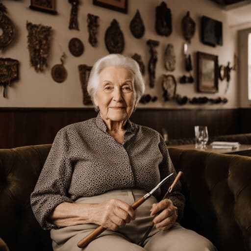 아늑한 카페의 소파에 앉아 있는 70대 유럽계 여성의 차분한 반신 사진으로, 전통적인 패턴의 블라우스와 편안한 바지를 착용하고 있습니다. 그녀는 전통 공예 도구를 손에 쥐고 집중하며 따뜻한 표정을 짓고 있습니다. 배경에는 다양한 전통 공예 작품들이 전시되어 있어 창의적인 분위기를 자아냅니다.