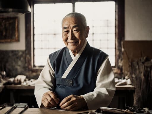 따뜻한 미소를 지닌 70대 한국인 남성이 전통 한복을 입고 공예 작업실에 앉아, 전통 공예 도구를 손에 들고 작업에 몰두하고 있는 모습. 창문에서 들어오는 자연광으로 아늑한 분위기가 연출된다.