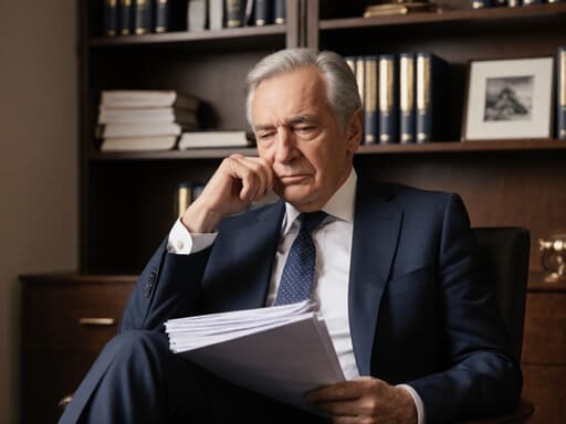 세련된 유럽계 남성이 60대이며, 정장과 넥타이를 착용하고 사무실 상담실에 앉아 있습니다. 그는 긴장한 표정을 지으며 소송 준비를 위해 깊은 생각에 잠긴 모습입니다. 그의 다리는 뻗어져 있고 손에는 법률 서류를 들고 있으며, 배경에는 법률 서적이 가득한 정돈된 책장이 있어 전문적인 분위기를 자아냅니다.