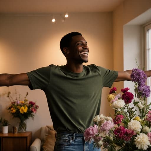 10대 후반의 아프리카계 남성이 자연스러운 외모로, 편안한 티셔츠와 청바지를 입고 미소를 지으며 팔을 스트레칭하며 아름다운 꽃꽂이를 감상하고 있는 반신 촬영 이미지입니다. 따뜻한 조명이 비추는 아늑한 화훼점 내부에서 다양한 색깔의 꽃들이 진열되어 있어 장면의 즐겁고 생기 넘치는 분위기를 강조합니다.