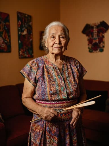 전통 의상을 입은 80대 라틴계 여성의 전신 사진으로, 문화 예술 작품으로 가득한 아늑한 거실에서 공예 도구를 들고 무관심한 표정을 짓고 있습니다.