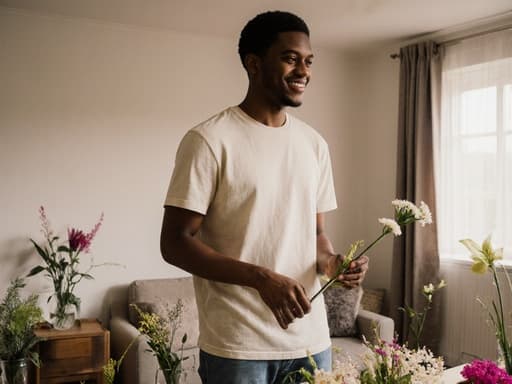 10대 후반의 흑인 남성이 편안한 티셔츠와 청바지를 입고 자연스럽게 미소를 지으며 꽃꽂이 도구를 손에 들고 아늑한 거실에 서 있습니다. 배경에는 다양한 꽃꽂이 재료가 놓인 테이블이 있어 창의력을 발휘할 수 있는 초대하는 분위기를 만들어냅니다.
