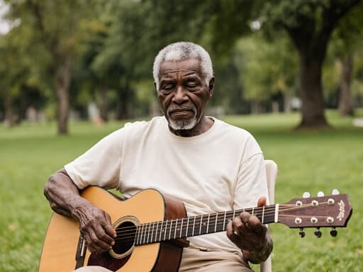 80대 흑인 남성이 자연스러운 외모와 은발이 섞인 짧은 머리를 가지고, 편안한 티셔츠와 카키색 바지를 입고 공원에 앉아 기타를 무릎 위에 올리고 있다. 피곤하지만 만족스러운 표정을 지으며 푸른 잔디와 나무들로 둘러싸인 평화로운 분위기를 전달하고 있다.