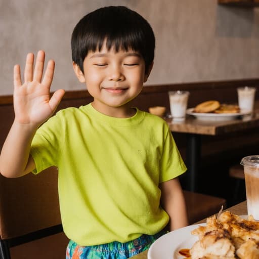 밝은 색상의 티셔츠와 반바지를 입은 귀여운 혼혈 7세 남자 아이의 반신 샷입니다. 졸린 표정을 지으며 손을 흔들며 인사하는 모습으로, 아늑한 카페 배경에는 음식과 음료가 놓여 있어 따뜻한 분위기를 더하고 있습니다.