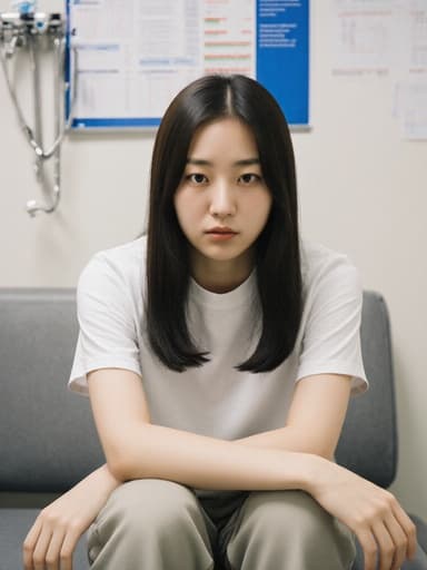 10대 후반의 한국인 여성이 자연스러운 외모로 병원 진료실의 소파에 앉아 있는 반신 촬영입니다. 그녀는 편안한 티셔츠와 바지를 입고 팔꿈치를 무릎에 괴고 지루한 표정을 짓고 있습니다. 배경에는 의료 기구와 차트가 보이며, 장면의 임상적이고 일상적인 분위기를 강조합니다.