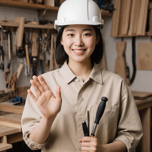 이 이미지는 목공 작업실에서 편안한 작업복과 안전모를 착용한 10대 후반의 한국인 여성을 보여줍니다. 그녀는 친근한 미소를 지으며 목공 도구를 들고 인사하는 자세를 취하고 있으며, 정리된 나무 재료와 도구들이 있는 작업실의 아늑한 분위기를 강조합니다.