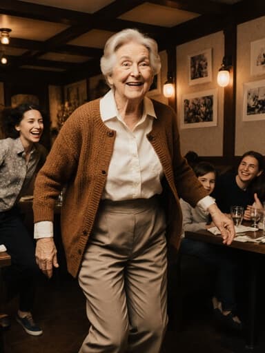 70대 유럽계 여성이 편안하게 차려입고 아늑한 카페 안에서 가족과 함께 즐겁게 점프하며 소중한 순간을 만끽하고 있는 모습. 따뜻한 조명과 가족 사진들이 어우러져 소중한 가족의 순간을 잘 표현하고 있습니다.