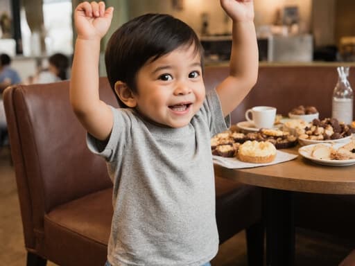 밝고 아늑한 카페에서 편안한 티셔츠와 반바지를 입고 있는 귀여운 3세 남성 혼혈 아동의 반신 사진입니다. 그는 배고픈 표정을 지으며 주변을 살펴보고 스트레칭하는 자세로 팔을 높이 들고 있으며, 테이블 위에는 다양한 간식들이 놓여 있습니다.