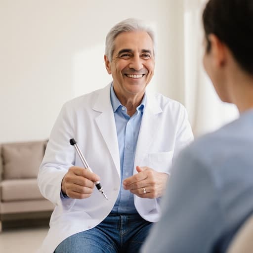 60대 중동계 남성이 흰색 의사 가운과 편안한 청바지를 입고 자연스럽게 미소 지으며 환자와 상호작용하는 반신 샷. 한 손에는 진단 도구를 들고 다른 손으로는 환자를 향해 손짓하고 있으며, 밝고 아늑한 병실 배경에서 촬영되었습니다.