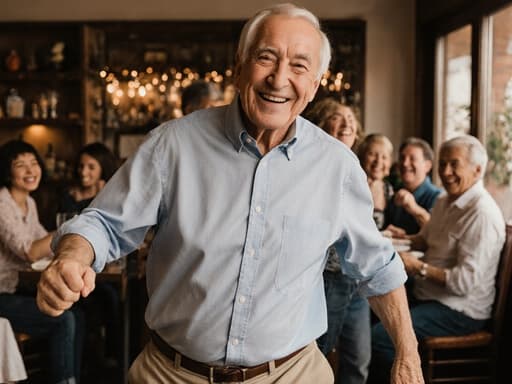 70대 유럽계 남성이 캐주얼한 셔츠와 바지를 입고 아늑한 카페에서 가족과 함께 즐겁게 춤추고 있는 모습의 하프 바디 샷입니다. 그는 편안하고 행복한 표정을 짓고 있으며, 따뜻하고 초대하는 분위기의 환경 속에서 가족들과 함께 이 순간을 즐기고 있습니다.