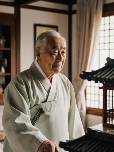 전통 한복을 입고 있는 80대 한국인 남성이 조용한 미소와 걱정스러운 표정을 지으며 전통 건축 모형을 조심스럽게 바라보는 모습의 반신 사진. 아늑한 거실에는 전통 소품과 창문을 통해 들어오는 자연광이 비추고 있습니다.