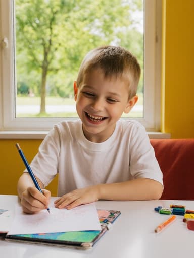 밝은 거실에서 그림에 집중하며 웃고 있는 7세 유럽계 남자아이, 뒤편에는 아름다운 공원 풍경이 보입니다.